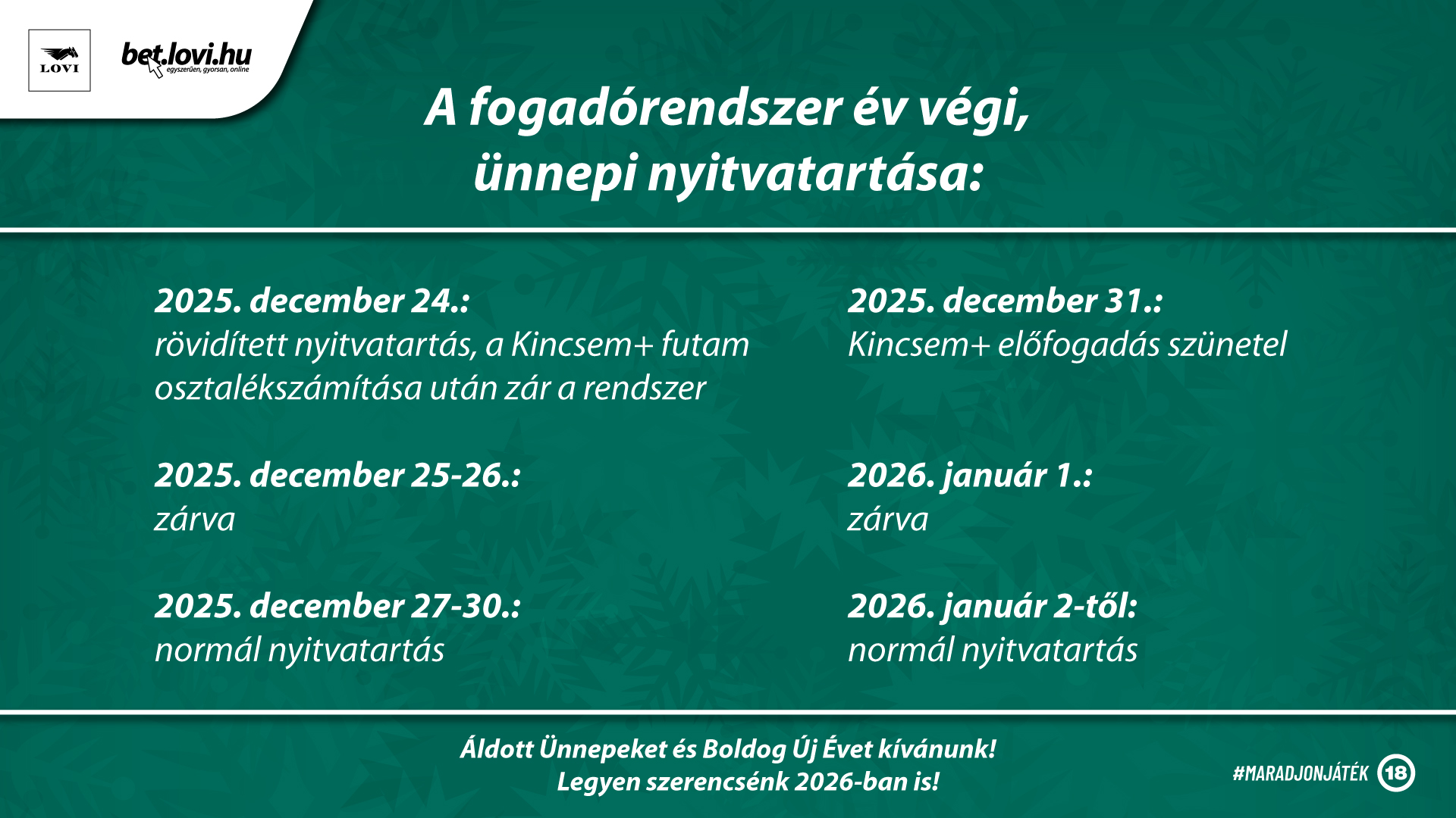 A fogadórendszer év végi ünnepi nyitvatartása